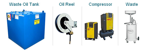 Images of Garagre Equipment include - Waste Oil tank, Oil Reel, Waste and Air Compressor